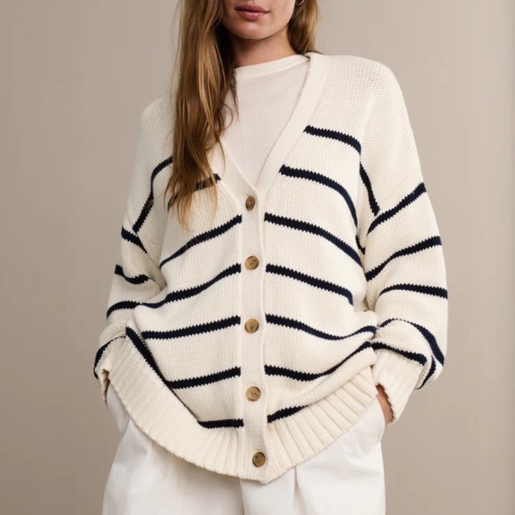 Jenni Kayne Chloe Cardigan Sweater Small cream navy stripe oversized chunky - Picture 1 of 12